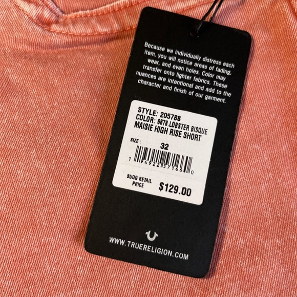 True Religion Maisie High Rise Shorts in Lobster Bisque color Size 32 NWT - Picture 4 of 10